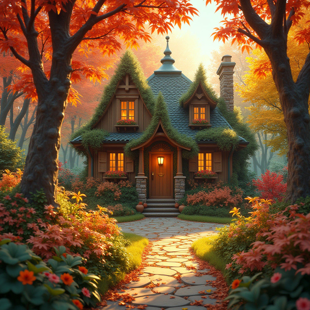 Whimsical Autumn Garden Cottage in Golden Sunlight