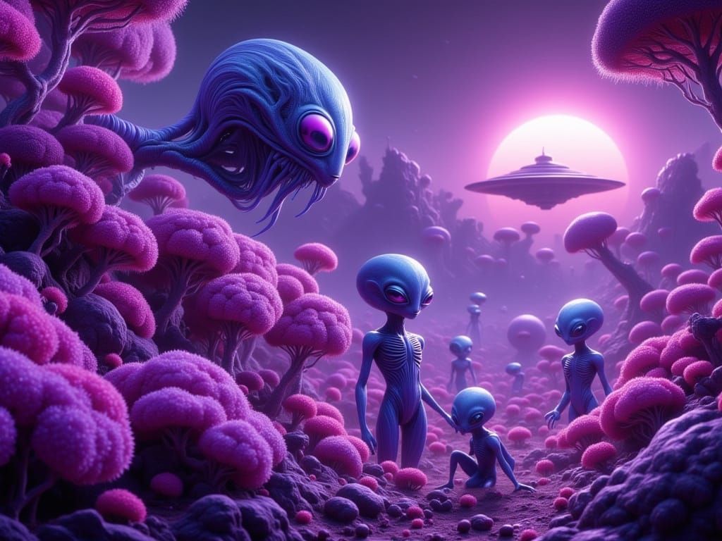 Cute Furry Aliens Play on Exotic Earth Biopunk Landscape