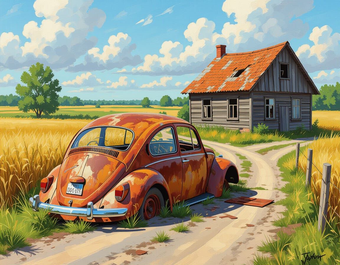 Abandoned Beetle: Abstract Oil Painting of Rural Decay