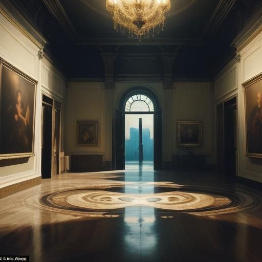 Heroes Explore Surreal Fortress in Vibrant Oil Painting