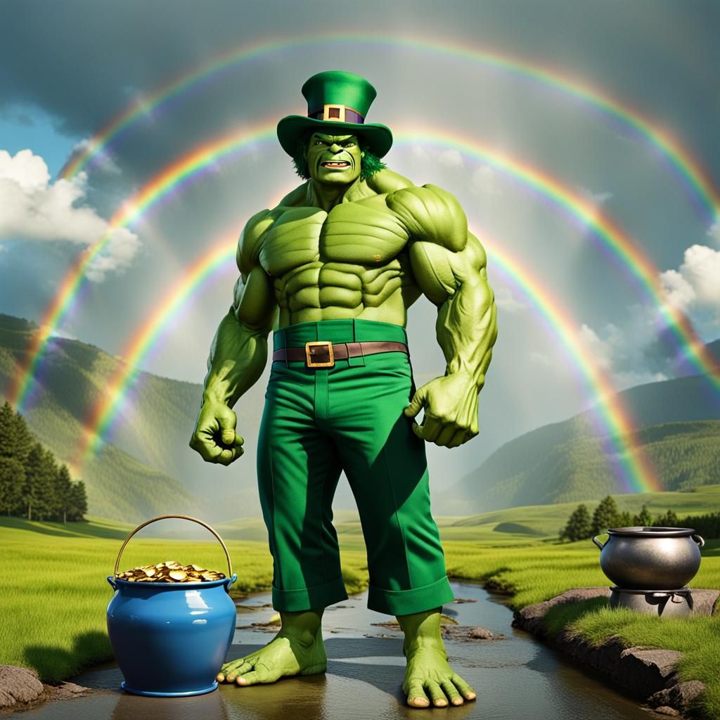 Hulk as Leprechaun Under Rainbow with Gold