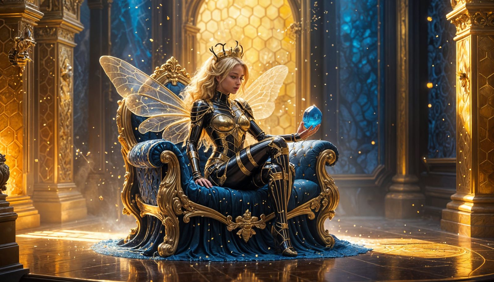 Ethereal Fantasy Queen Bee Goddess in Honeycombed Throne Roo...
