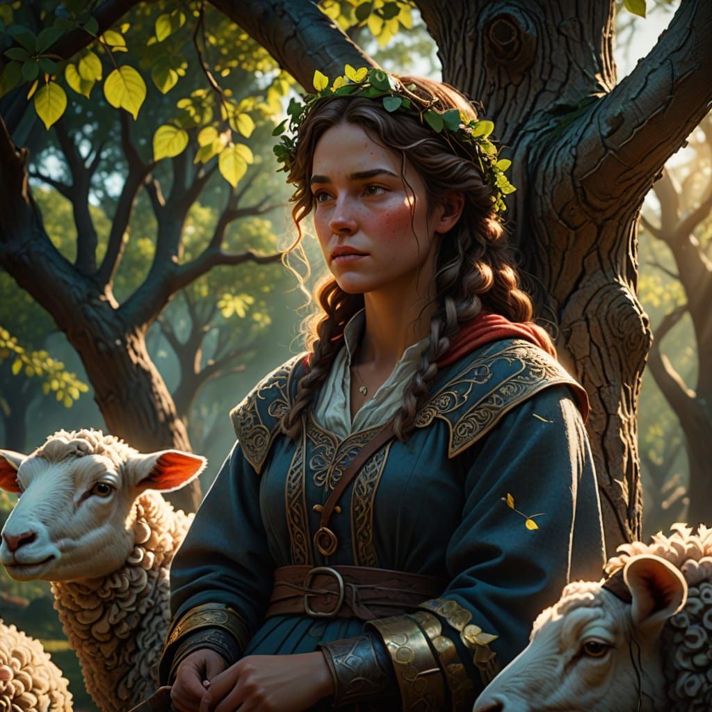 Shepherdess in Whimsical Forest Landscape