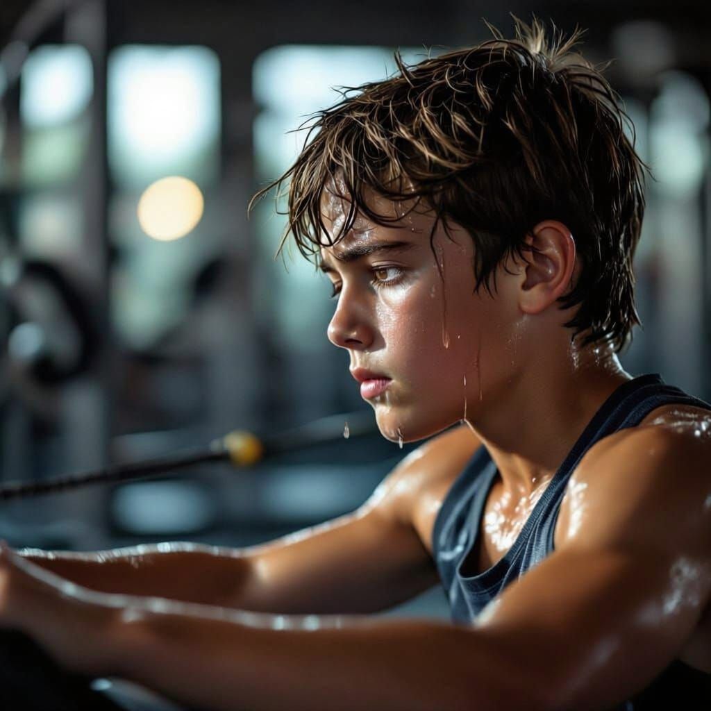 Young Boy Exhausted on Rowing Machine at Gym