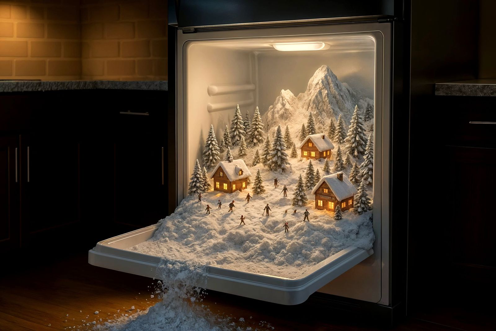 Hyperrealistic Kitchen Fridge Portal to Snowy World