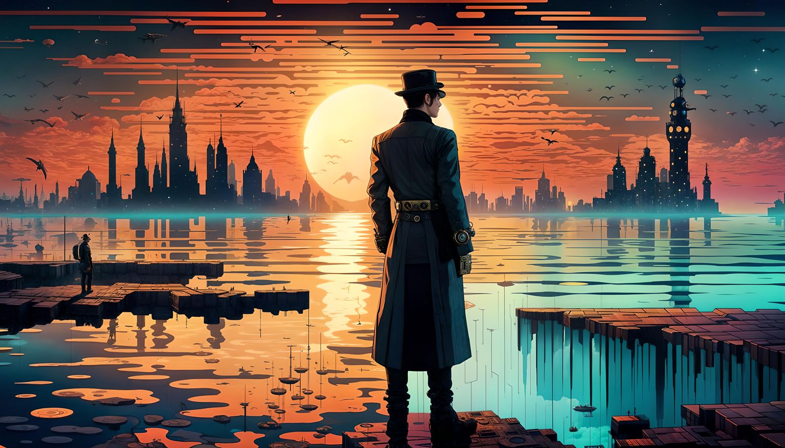 Time Traveler Above a Retrofuturistic Digital Ocean