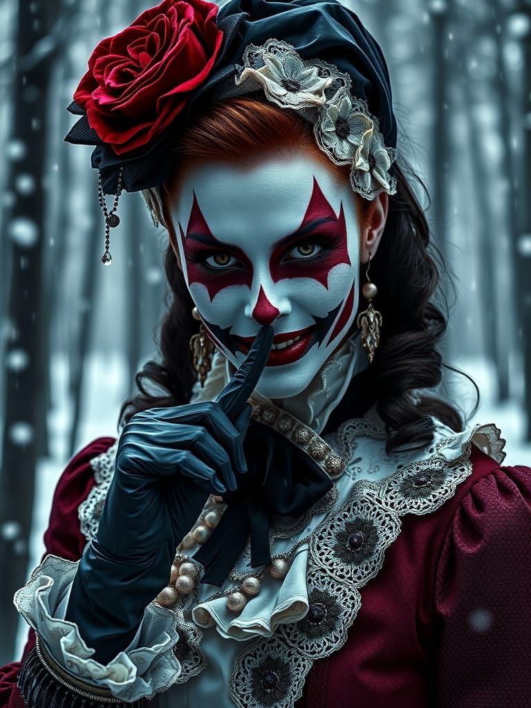 Victorian Harlequin's Sinister Smile in Winter Forest