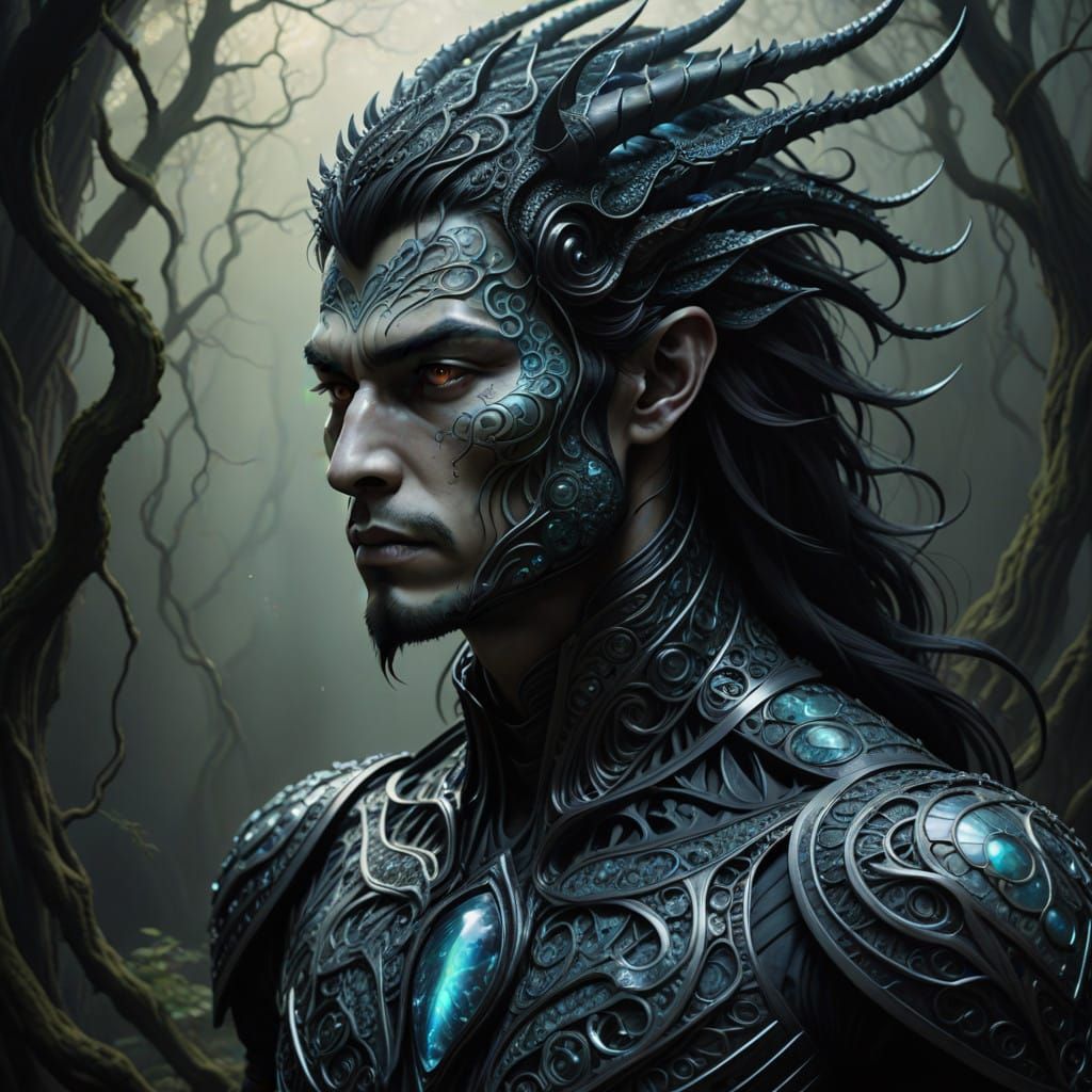 Mystical, Serpentine Dragon Man in Iridescent Scales