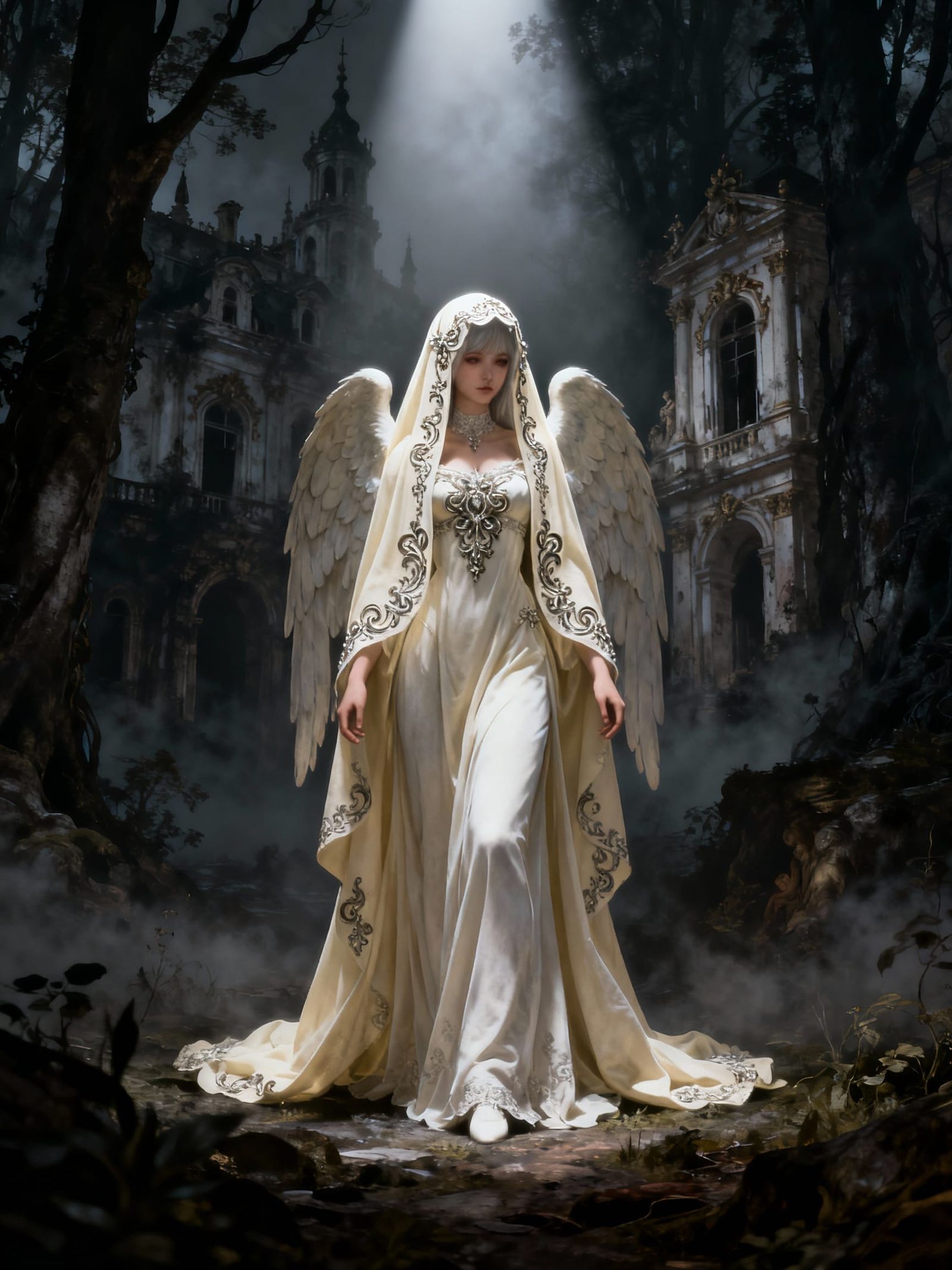 Fairy Angel in Foggy Castle, Rococo Ornaments