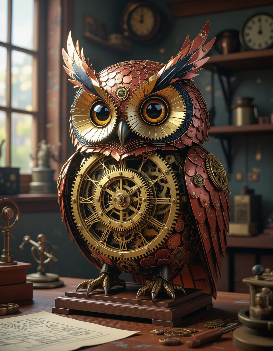Clockwork Owl in Inventor's Workshop: Hyperrealistic Concept...