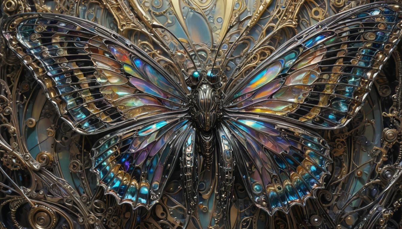 Glass Butterfly with Iridescent Wings in Biomechanical Art