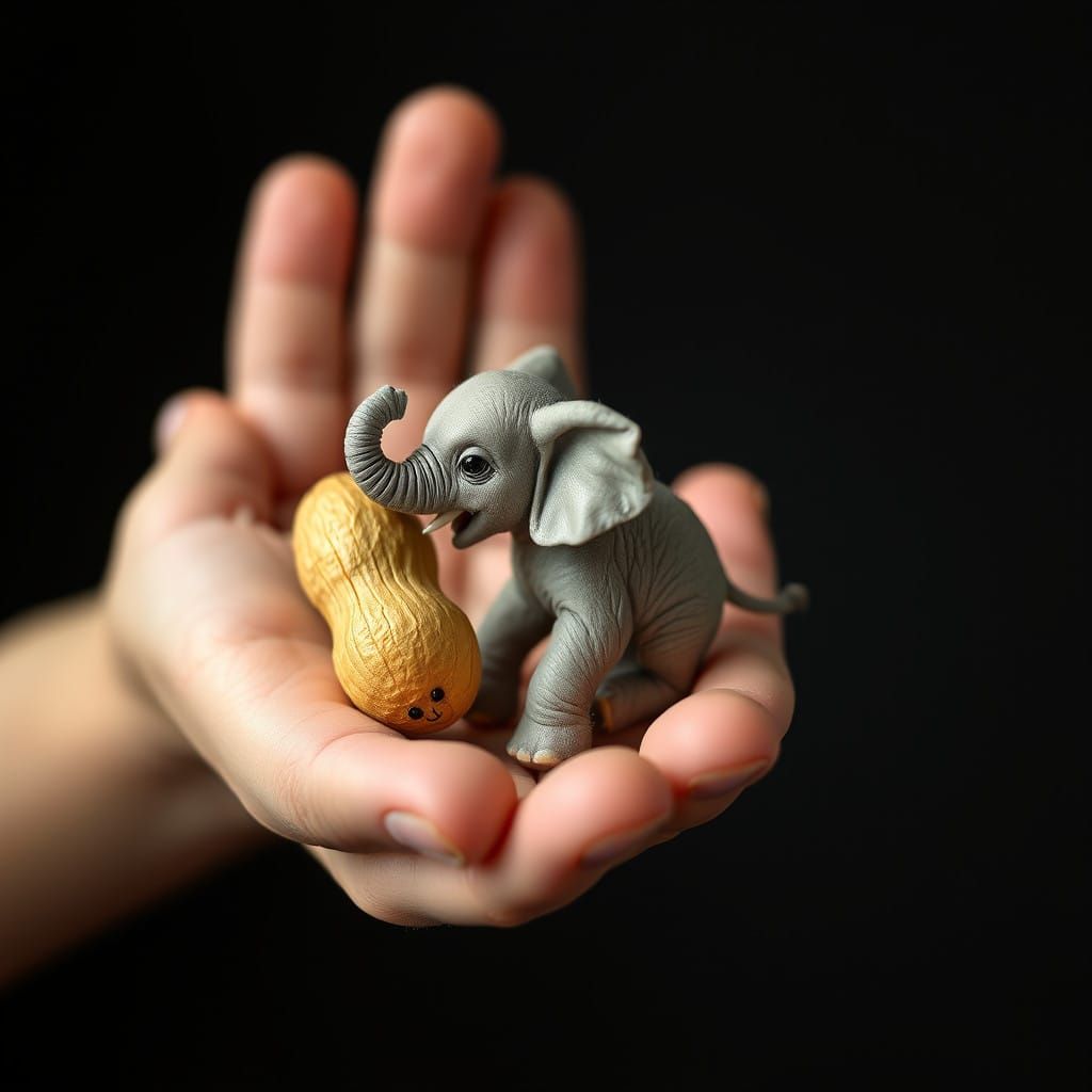 Tiny Elephant Guards Giant Peanut in Human Hand