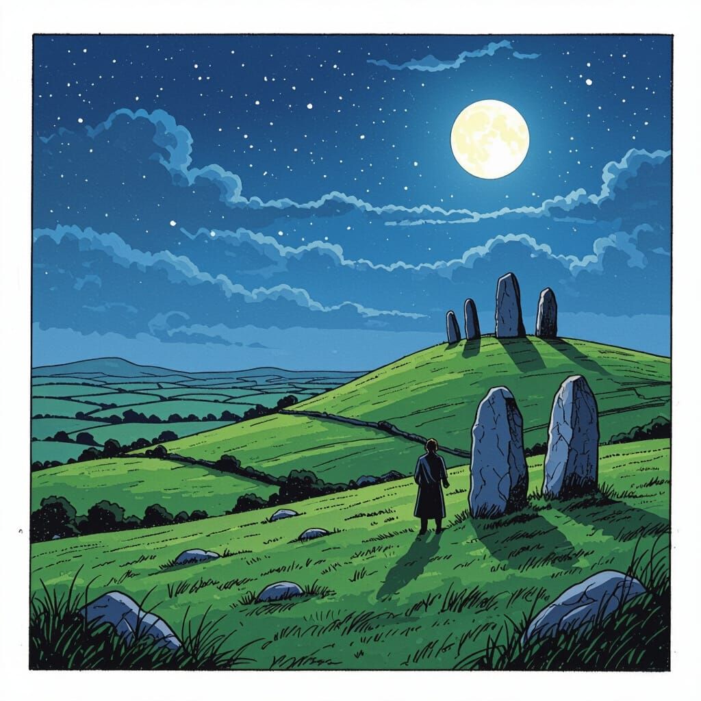Moonlit Irish Hills with Celtic Stones in Comic Art Style