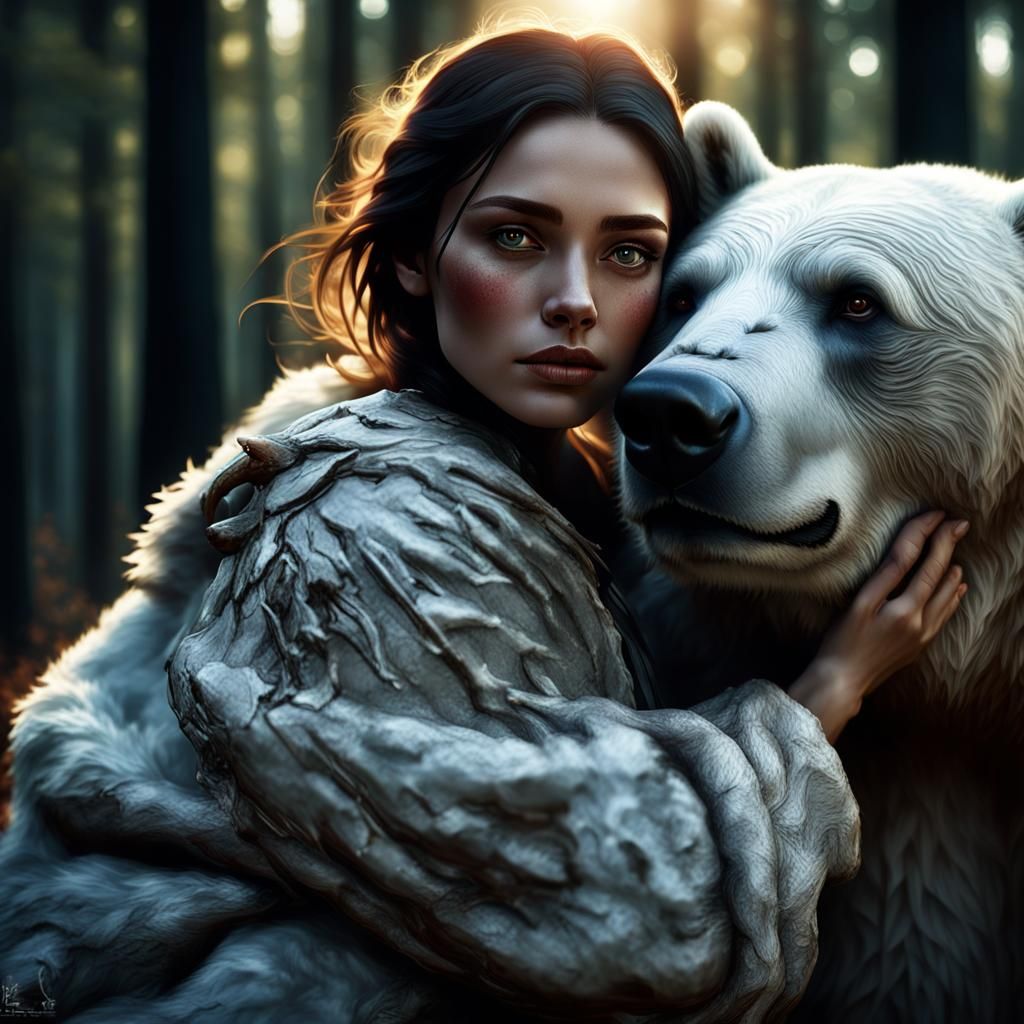 Woman and Bear in Forest: Detailed Matte Painting