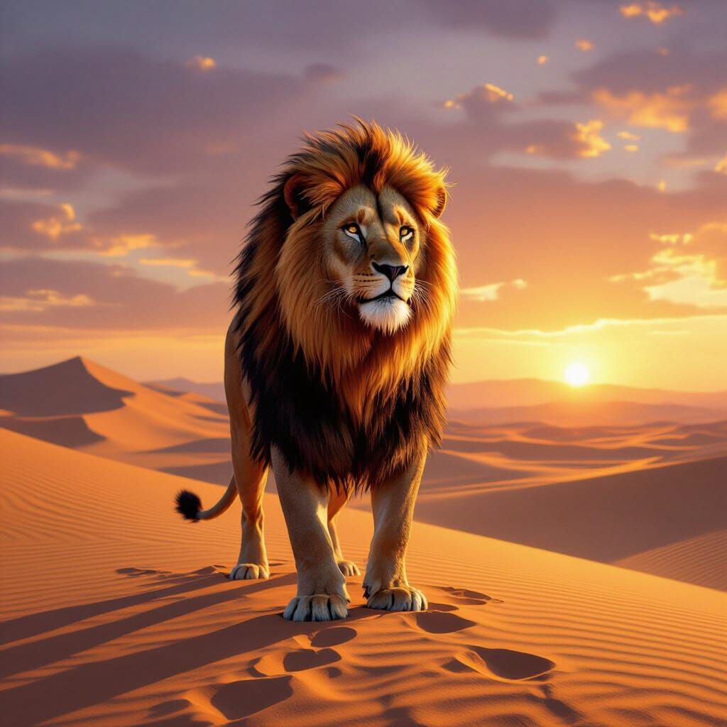 Majestic Lion in a Golden Hour Desert Vista
