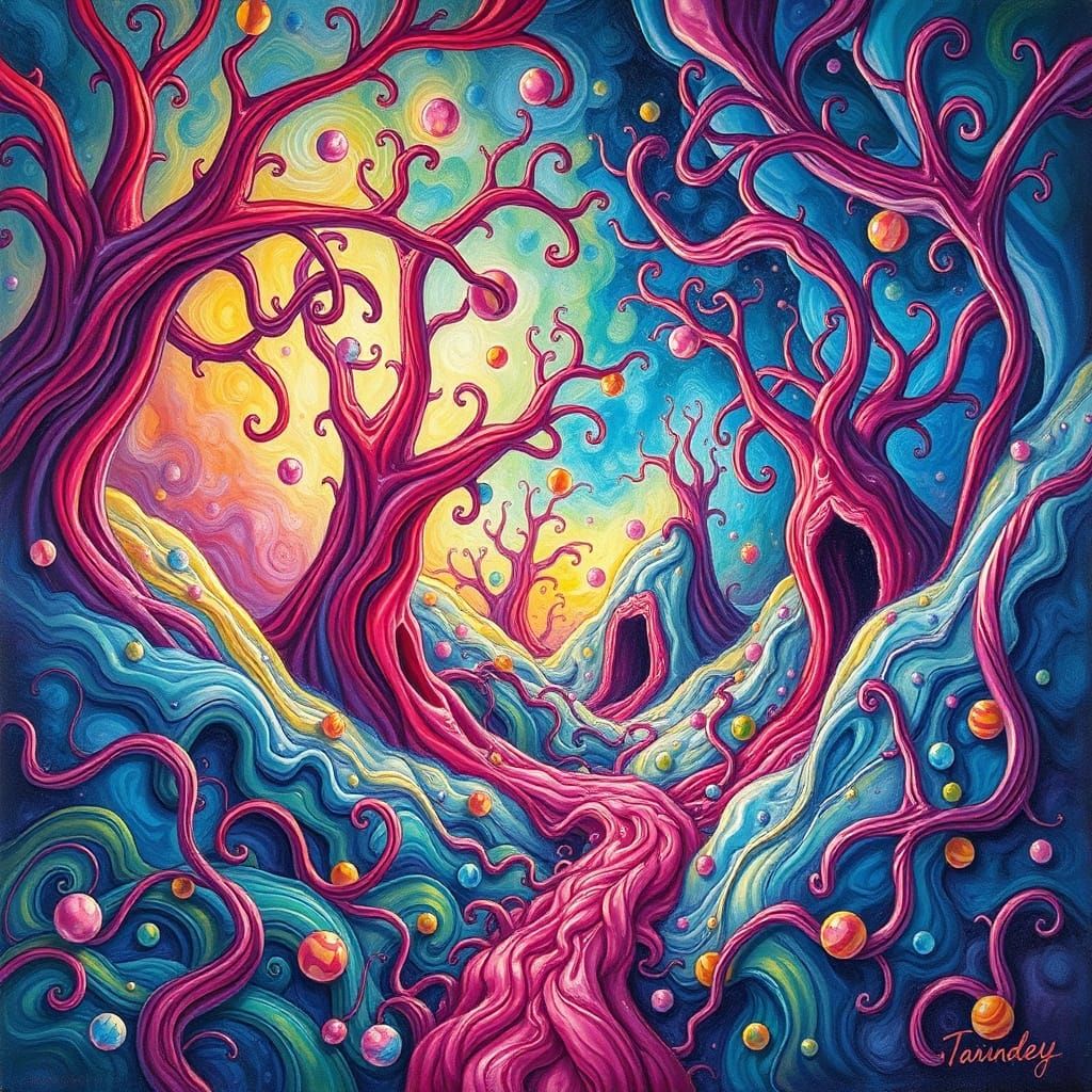 Surreal Candyland Vascular Landscape in Gouache Style