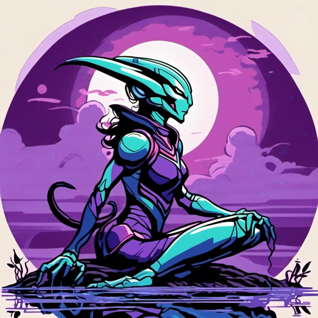 Woman and Moon in Clean Cel-Shaded Style