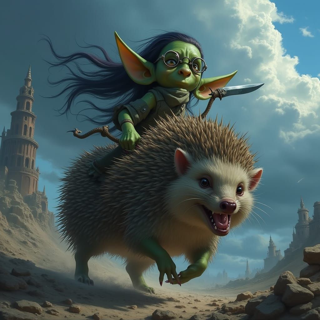 Green-Skinned Goblin Rides Majestic Hedgehog into Battle