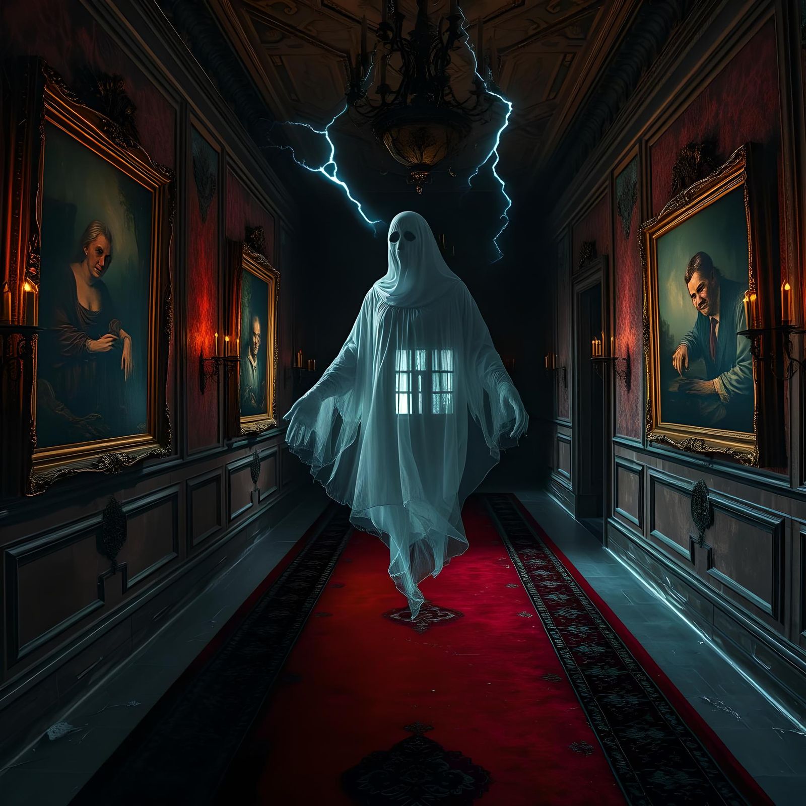 Haunted Mansion Hallway with Ghost in Horror Style