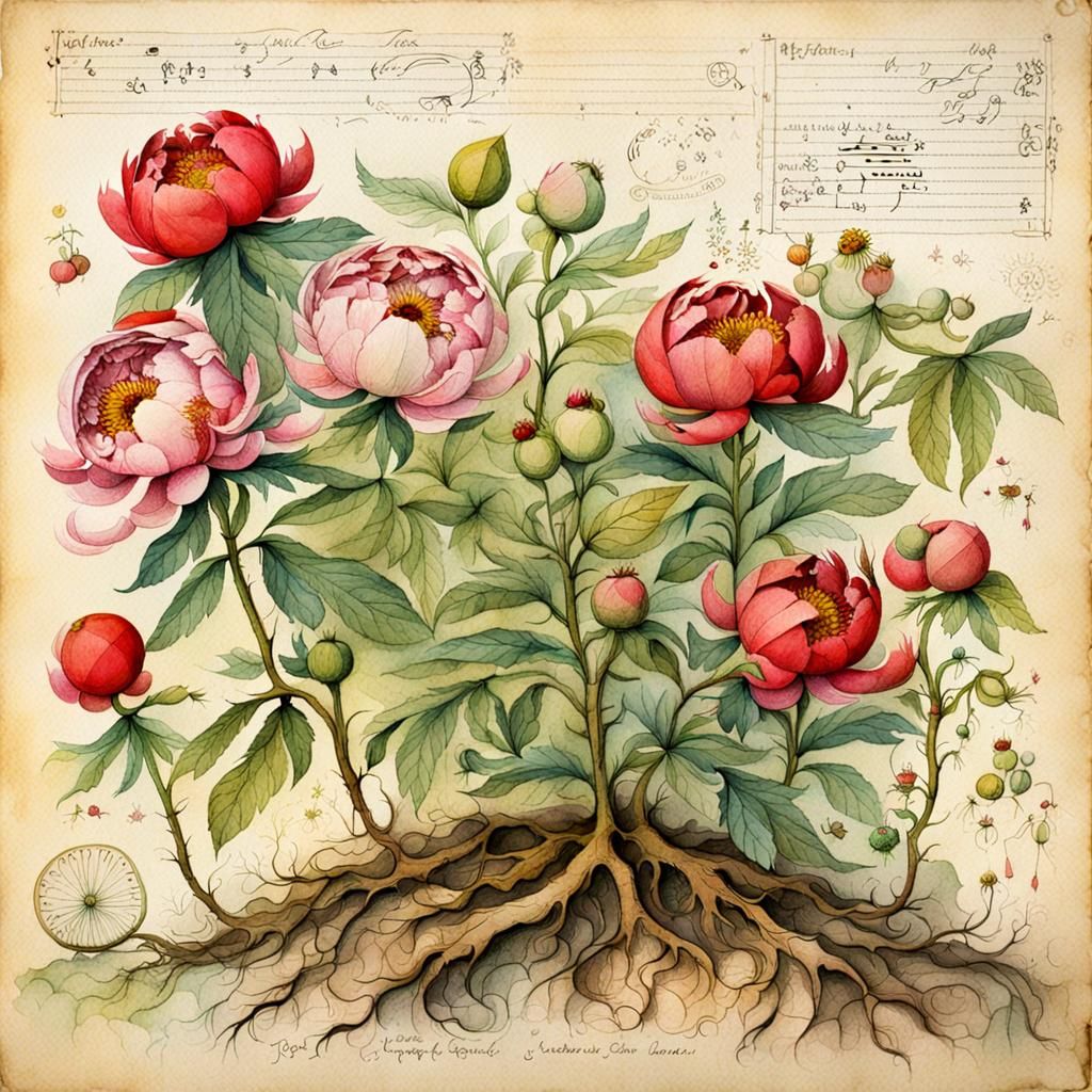 Detailed Peony Anatomy Page with Watercolor Illustrations