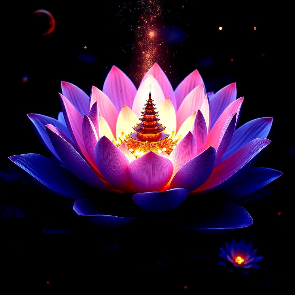 A giant cosmic lotus in space on which a grand blue pagoda i...