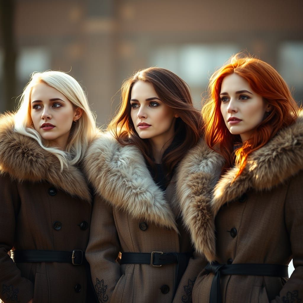 Women in Elegant Winter Attire, Softly Lit