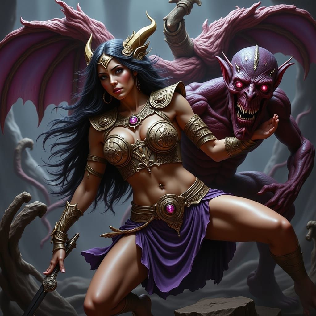 Golden Latina Angel Wields Sword Against Dark Demon