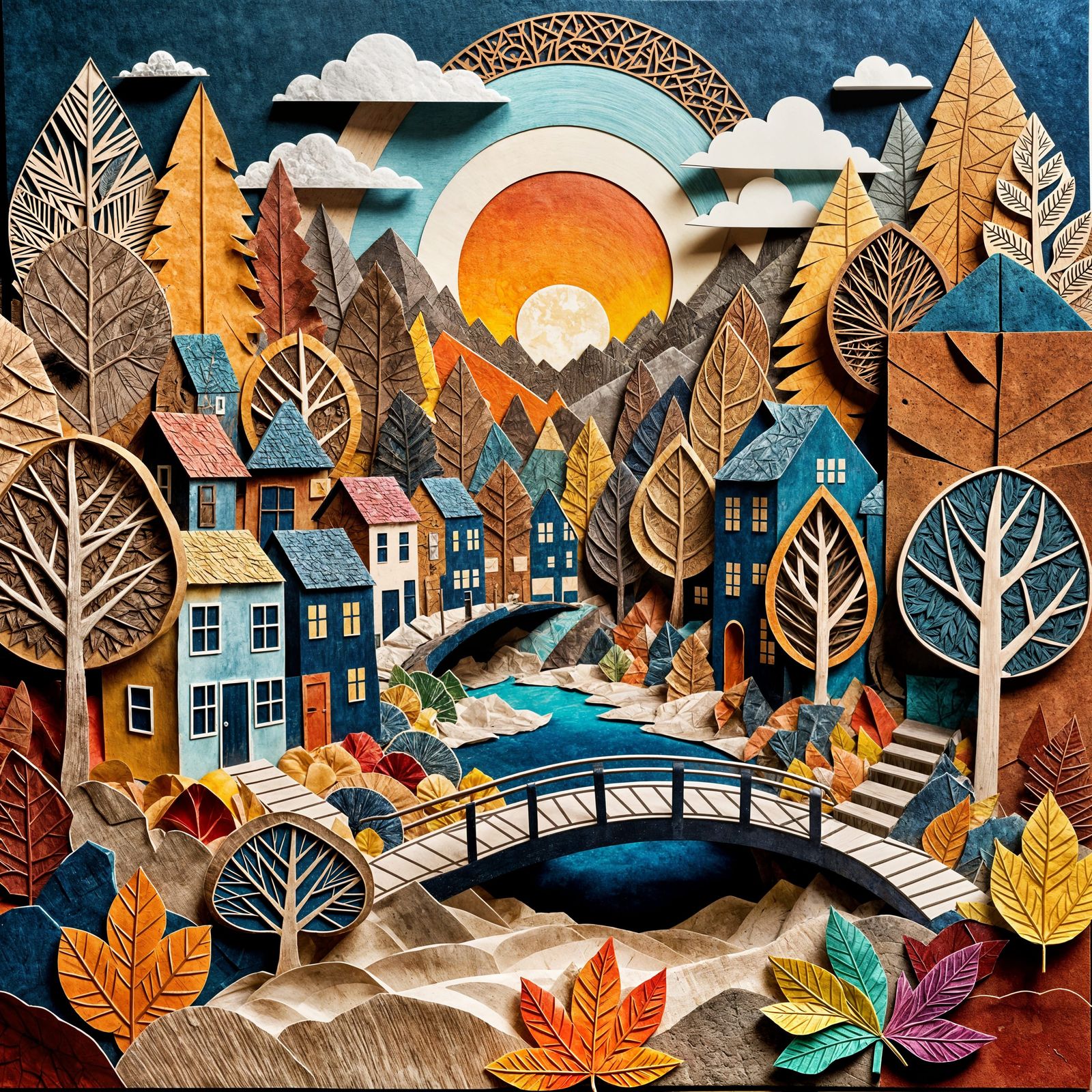 Colorful Autumn Cityscape Mixed Media Collage