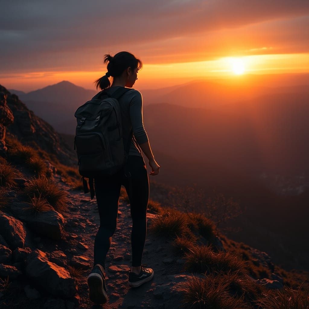 Woman Hiking at Sunset: Dreamlike Fantasy Art