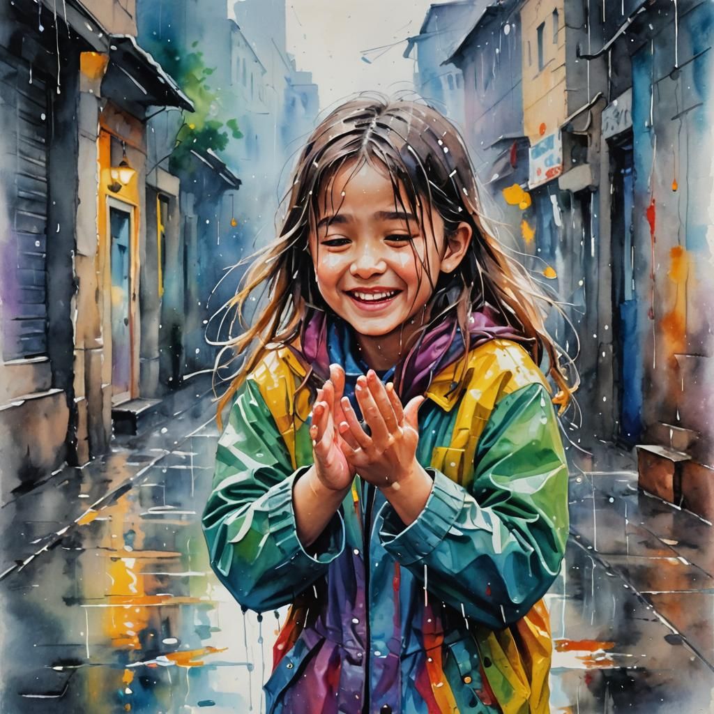 Girl Feels Rain: Oil and Watercolor Painting