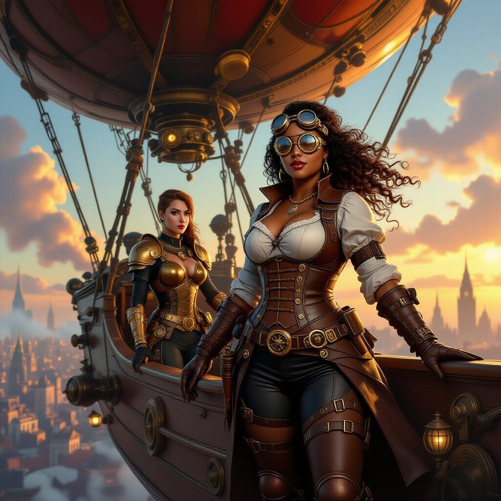 Steampunk Dirigible Adventure in Victorian Cityscape