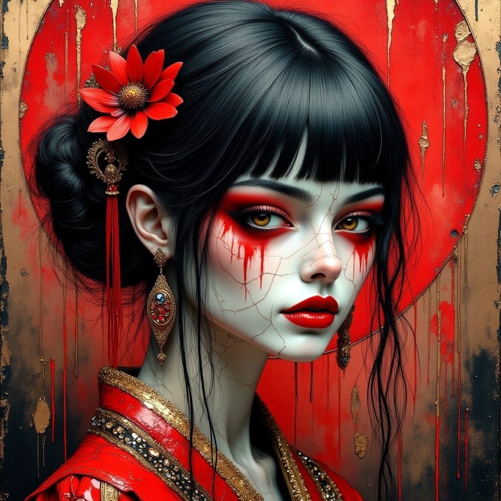 Gothic Japanese Woman in Red and Gold Oil Painting Portrait