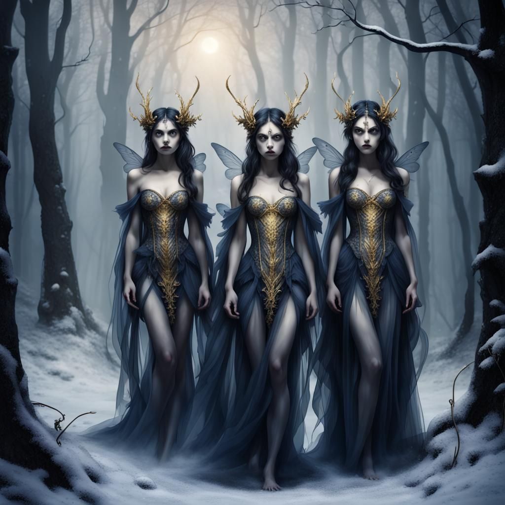 Sinister Fairies Appear in Snowy Forest Clearing