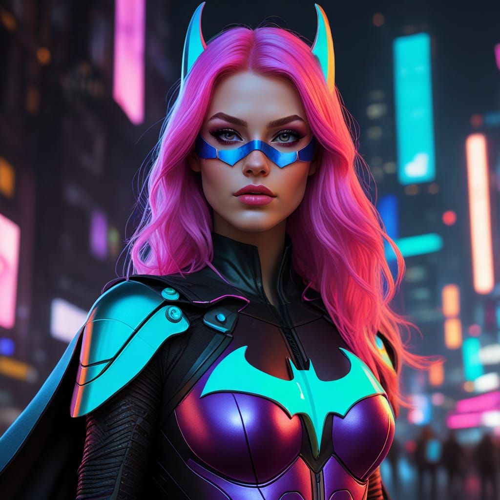 Neon Pastel Batgirl Redesign in Futuristic Cityscape