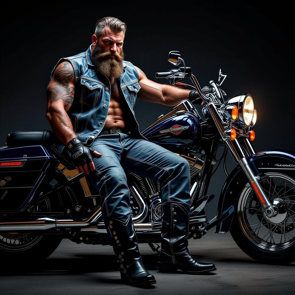 Rugged Biker Leaning on Harley in Patent Leather Chaps