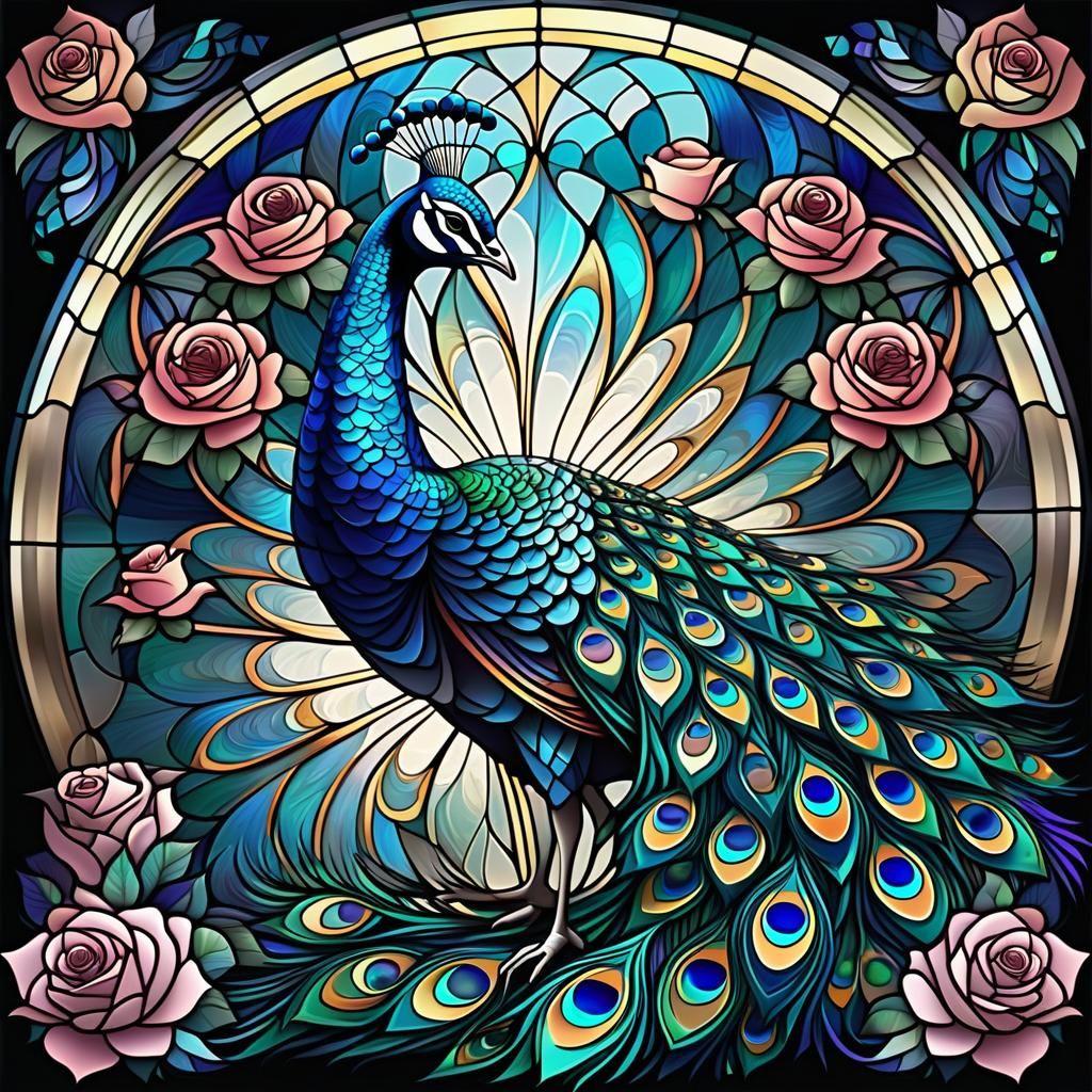 Stained Glass Peacock and Roses with Fractals