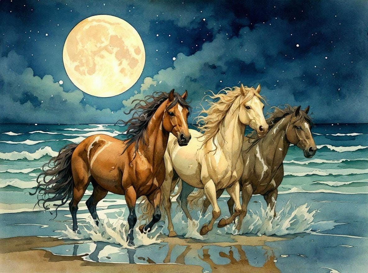 Wild Horses on Moonlit Beach: Watercolor Illustration