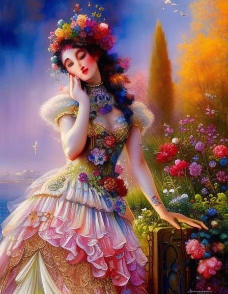 Victorian Girl Rollerblading in Watercolor Shabby Chic Style