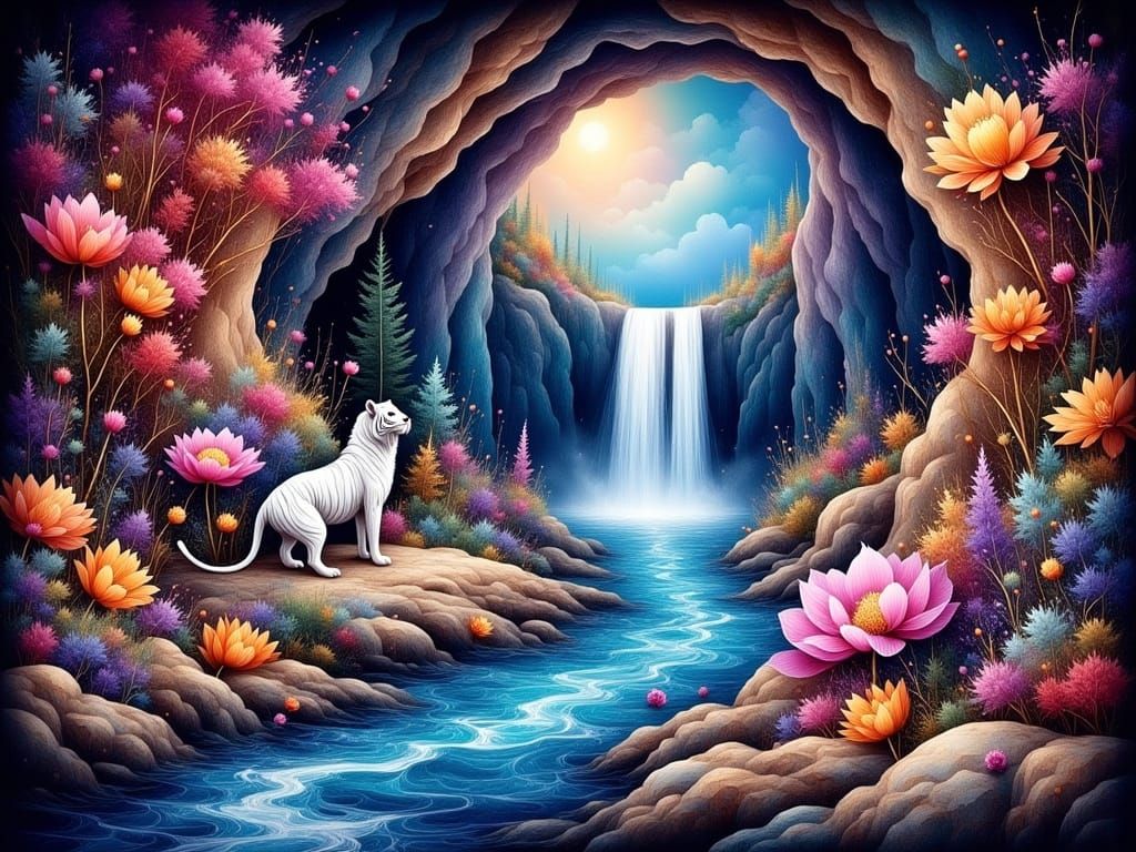 Ethereal Underground Oasis with Bioluminescent Waterfall and...