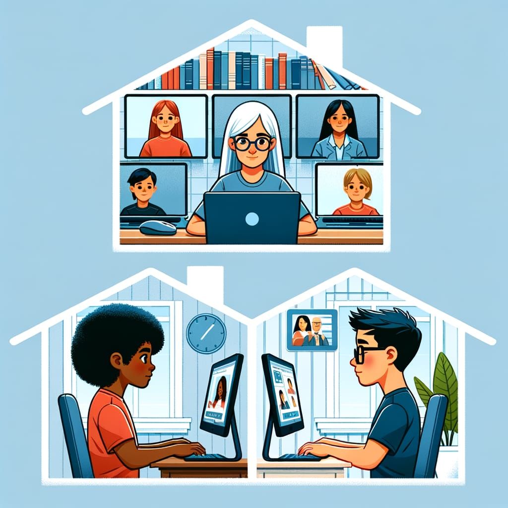 Diverse Students Learn English and Technology Online in Sepa...