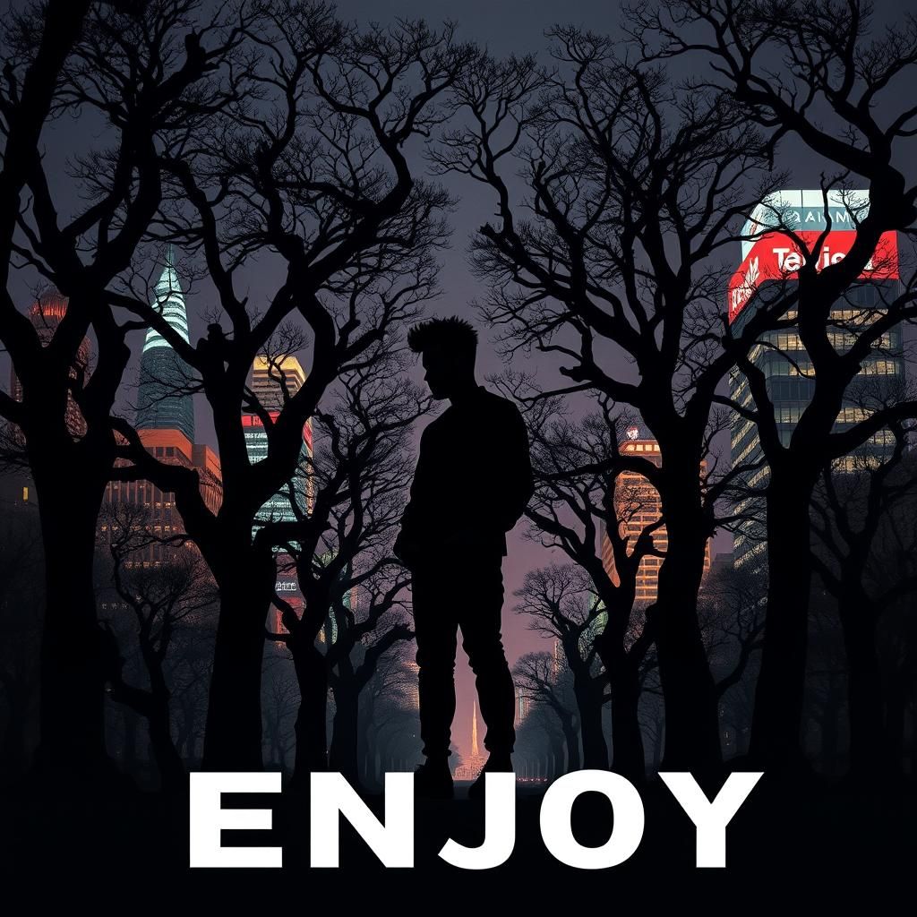 Album Cover Art: Popstar Silhouette in Cityscape