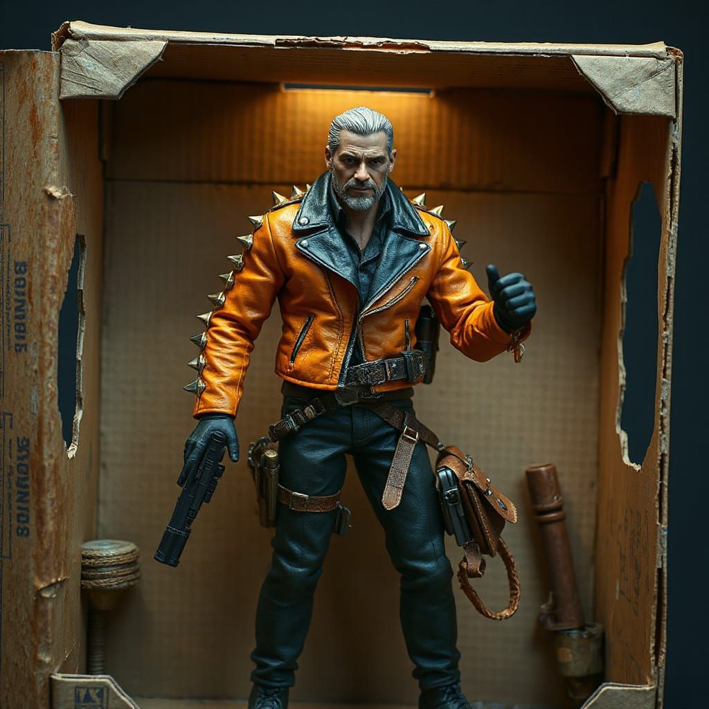 Post-Apocalyptic Road Warrior Action Figure in Weathered Car...