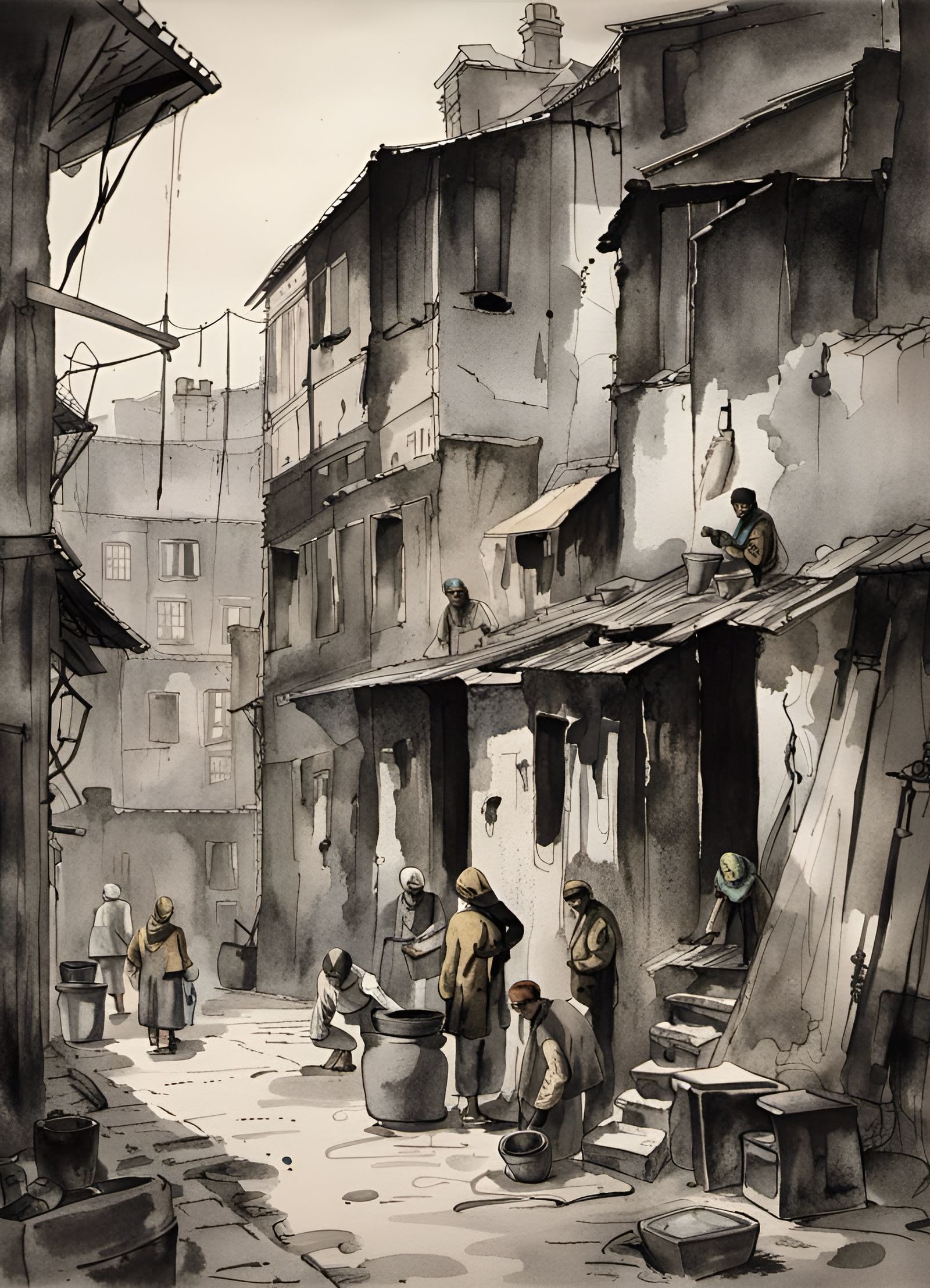 Bleak 19th Century Slum Courtyard in Washed Painting