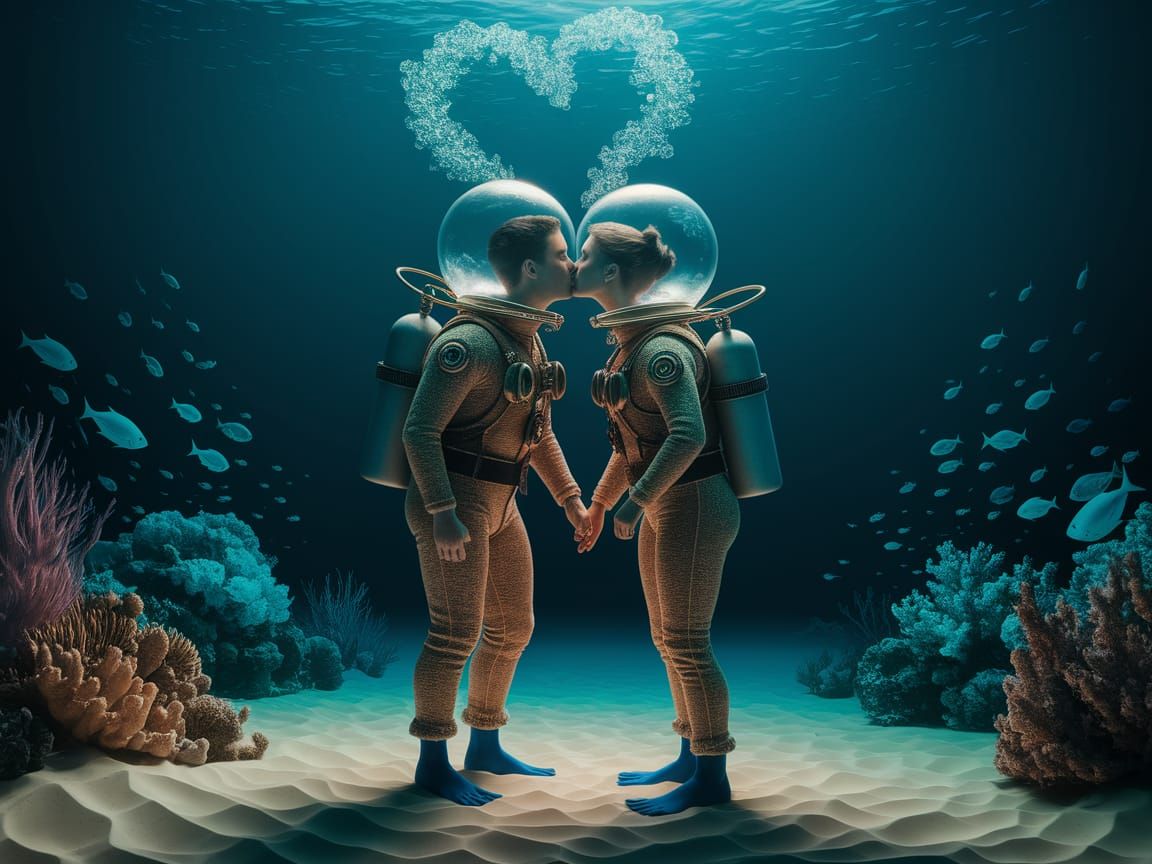 Underwater Kiss in Diving Suits with Bioluminescent Corals