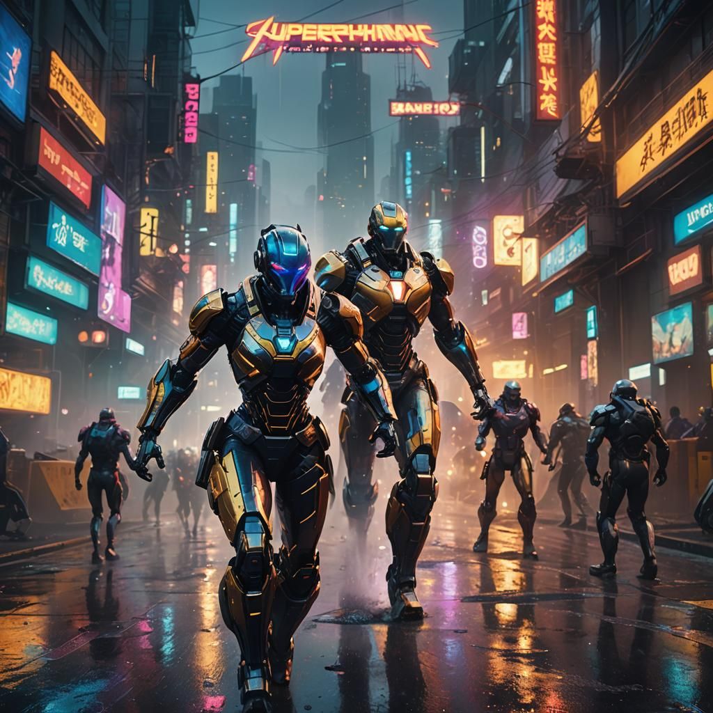 Superhero Battles Robots in Futuristic City: Concept Art