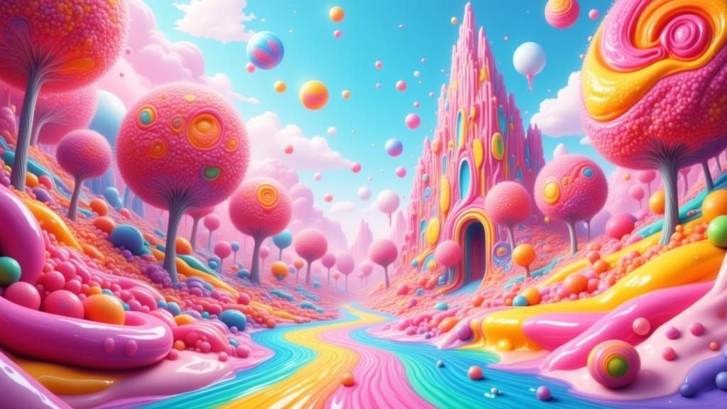 Whimsical Candyland Scene in Vibrant, Swirling Lollipop Fore...