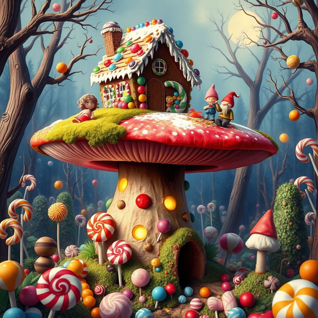 Vibrant Candy Forest Scene with Gingerbread House and Mushro...