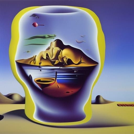 Surreal Fishbowl Island: A Dali-esque Oil Painting