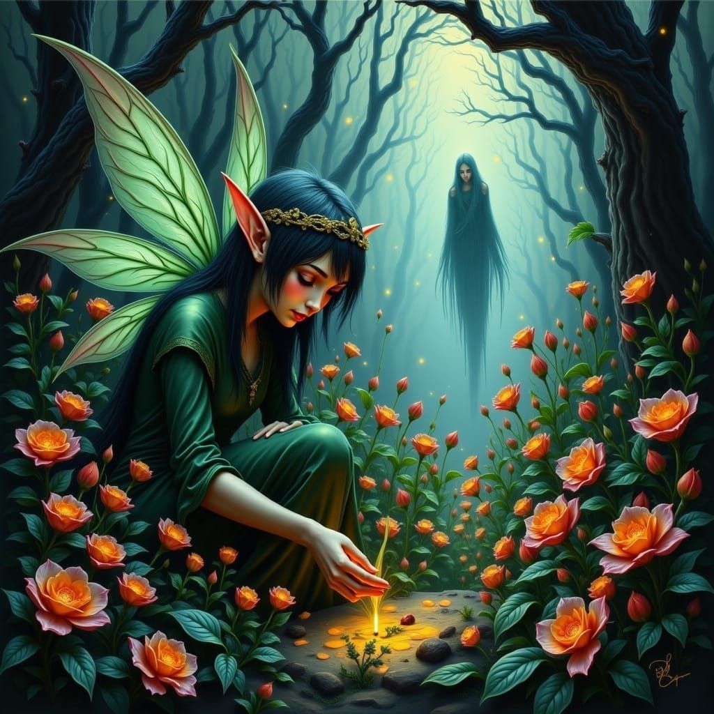 Fairy Elf Goddess Cultivates Enchanted Garden Amidst Whisper...