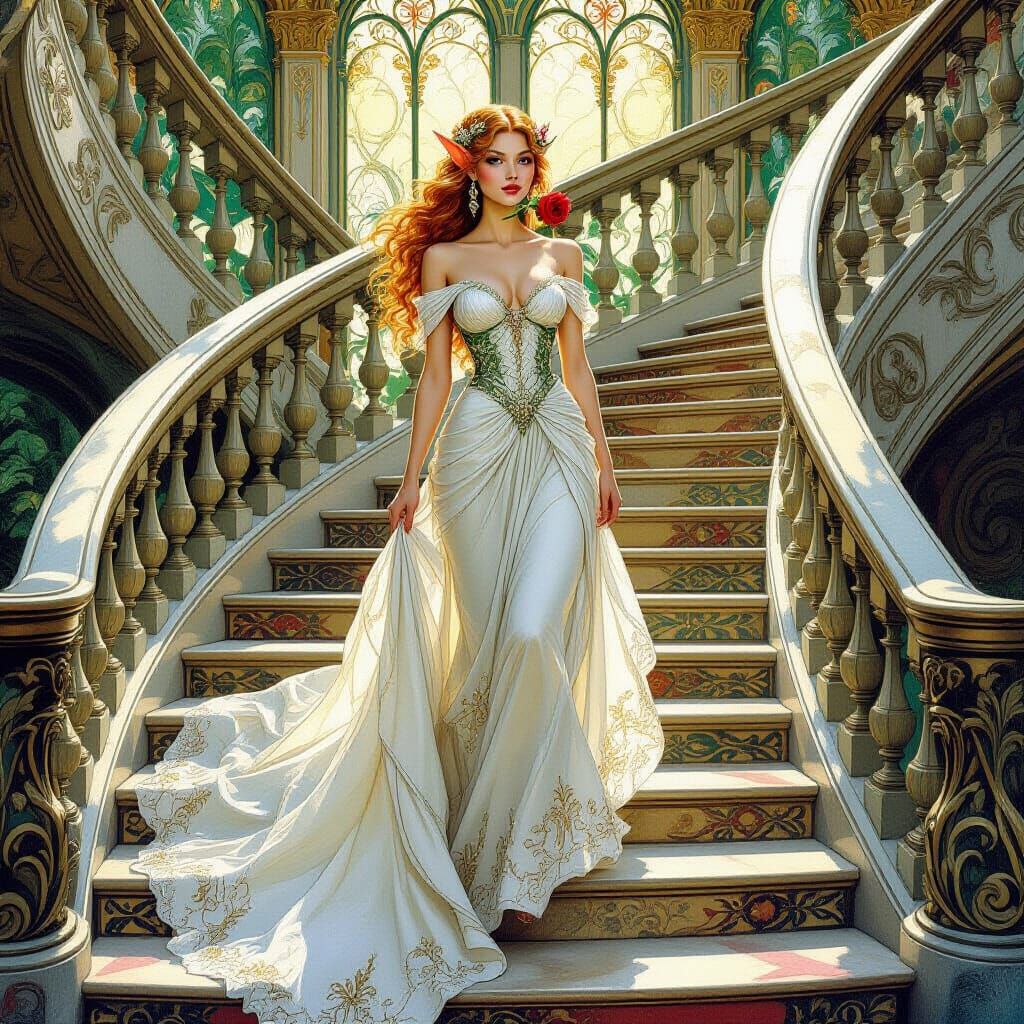 Elegant Elf Descends Staircase in Pre-Raphaelite Style